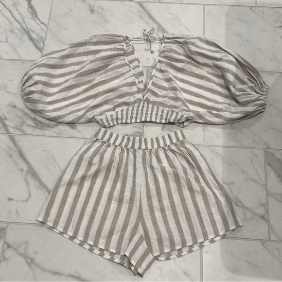 ASOS Design Volume Sleeve Beach Neutral Striped Two-Piece Set - Picture 4 of 9